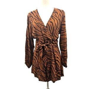 Tiger Print Romper Brown Black Long Sleeve Surplice Wrap Belted Animal Print